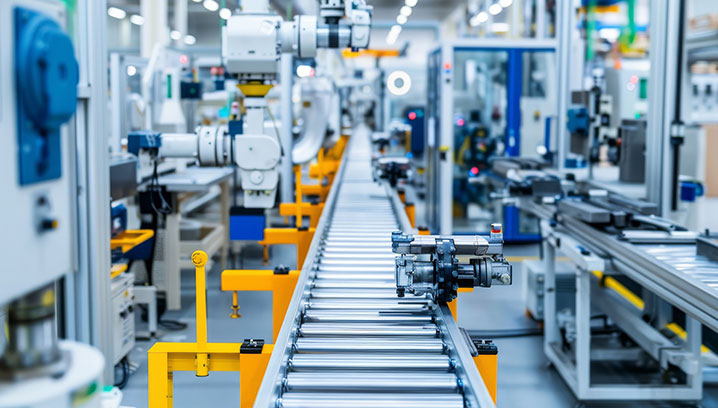 Moderne Fertigungslinie mit Robotern, stilvolle Technik und klare Ordnung, vermittelt Effizienz und Innovation.