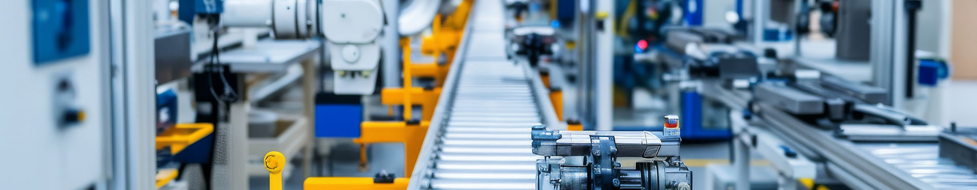 Moderne Fertigungslinie mit Robotern, stilvolle Technik und klare Ordnung, vermittelt Effizienz und Innovation.