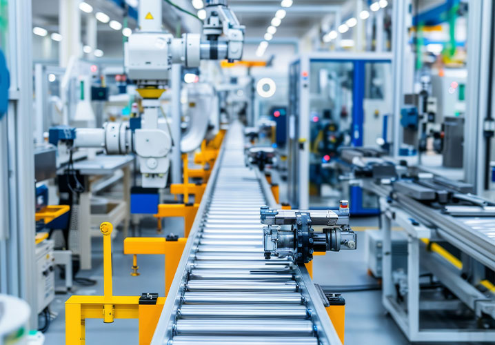 Moderne Fertigungslinie mit Robotern, stilvolle Technik und klare Ordnung, vermittelt Effizienz und Innovation.