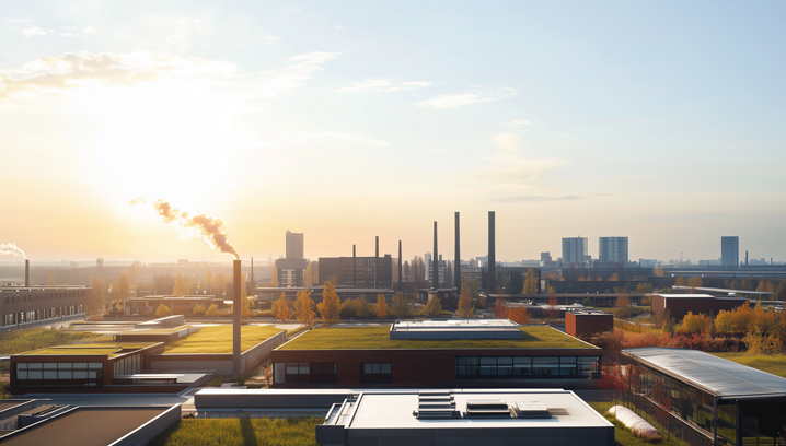 Industrieanlage bei Sonnenaufgang, mit rauchenden Schornsten und buntem Laub, vermittelt Fortschritt und Hoffnung.