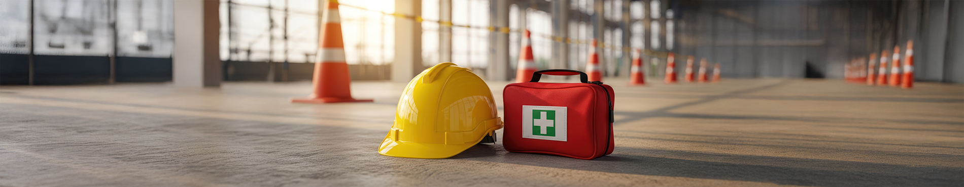 Gelber Bauhelm und roter Erste-Hilfe-Koffer auf dem Boden einer Baustelle, vermitteln Sicherheit und Vorsicht. Symbolisiert Gruppenunfall-Versicherung.