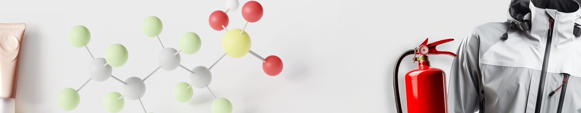 Bunte Molekülstruktur von PFAS, Sicherheitsjacke und Feuerlöscher, vermittelt, in welchen Produkten PFAS enthalten ist.