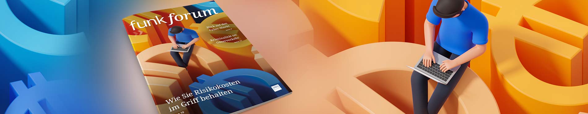 Cover des 'funk forum 3-2025' mit einer Figur, die am Laptop arbeitet, umgeben von kreativen Formen in warmen Farben.