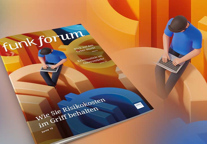 Cover des 'funk forum 3-2025' mit einer Figur, die am Laptop arbeitet, umgeben von kreativen Formen in warmen Farben.