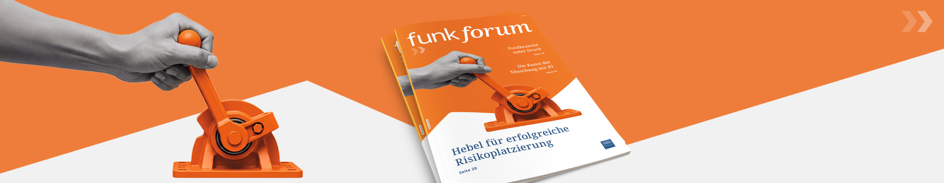 Magazin Funk Forum auf orangenem leicht angeschnittenem Hintergrund. Links im Bild eine Hand, die einen orangenen Hebel bedient. 