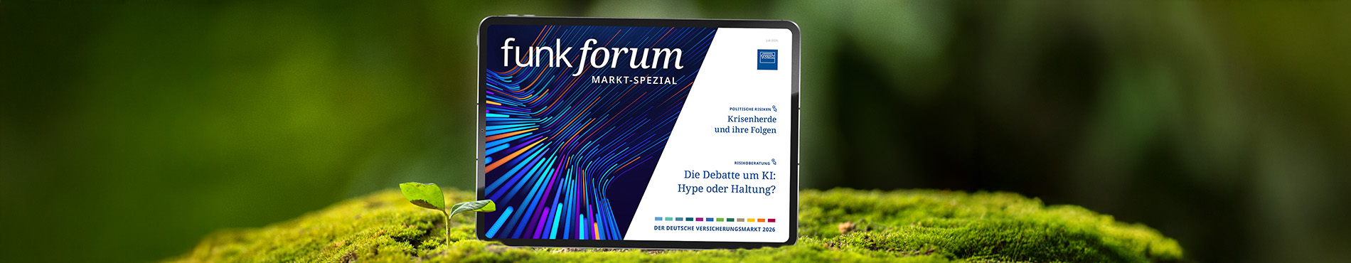 Digitales Magazin Funk Forum Markt Spezial auf einem Tablet auf einem Moosuntergrund neben einer kleinen Pflanze