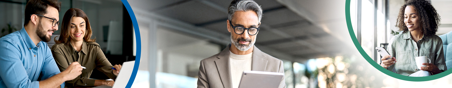 Drei Personen in einem modernen Büro, die konzentriert arbeiten und engaged wirken.